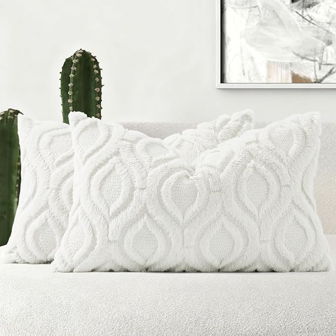 decorUhome Throw Pillow Covers 12x20 Inch Set of 2, Soft Plush Faux Wool Cream by decorUhome