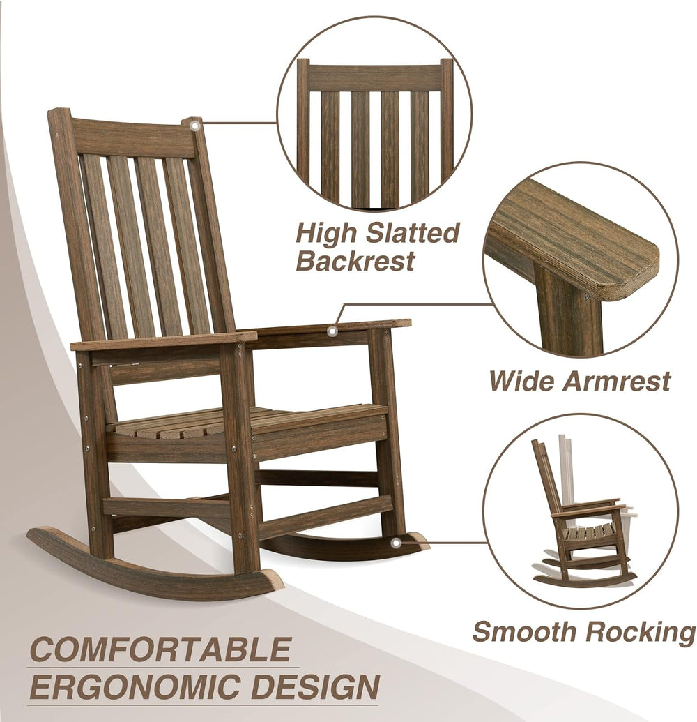 Oversized Outdoor Rocking Chair, Porch Rocker with High Back, Brown | HDPE Pa...