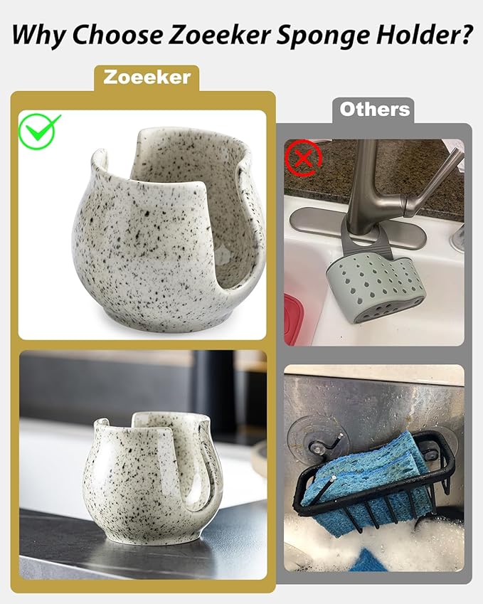 Zoeeker Sponge Holder for Kitchen Sink, Ceramic Dish Sponge Dish Rack Scrubby - Image 4