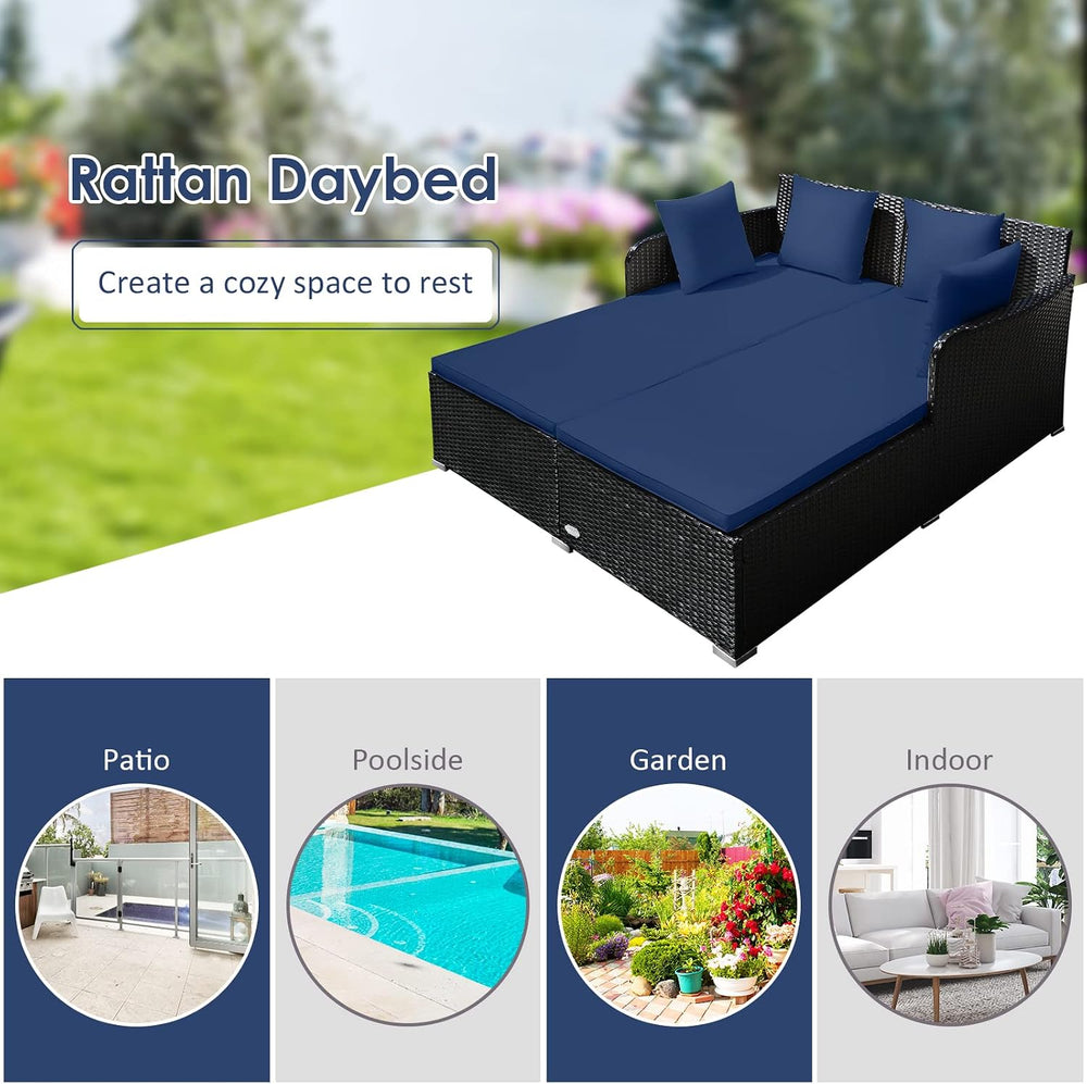 Tangkula Outdoor Rattan Daybed, Sunbed Wicker Furniture w/Spacious Seat, Upho...