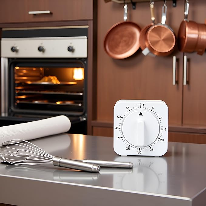 White Timer Clock Square 60-Minute Mechanical Kitchen Timer Wind up Visual - Image 9