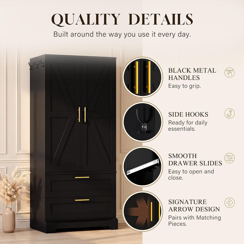 YESHOMY 70.9" Armoire Wardrobe Closet with Sensor Light, 2 Drawers (Black)