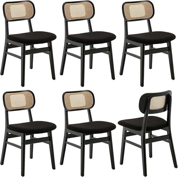 Black Rattan Dining Chairs Set of 6 Lambswool Dining Room Chairs Natural Wood...