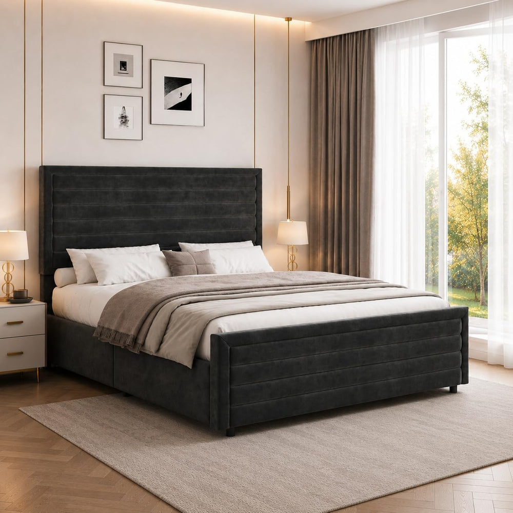 REVOMINCA Full Size Bed Frame with Velvet Upholstered Headboard,Black