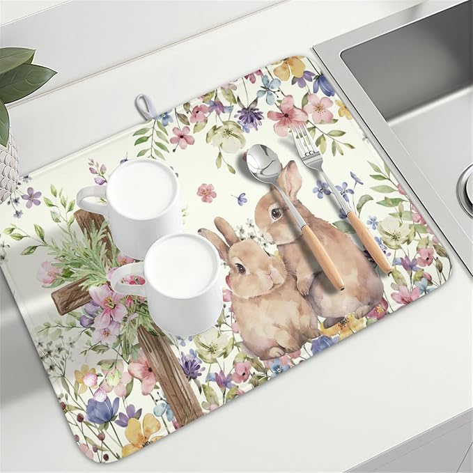 Easter Bunny Dish Drying Mat 18 x 24 Inch Rabbit Dish Drainer Rack Mat Colorful - Image 8