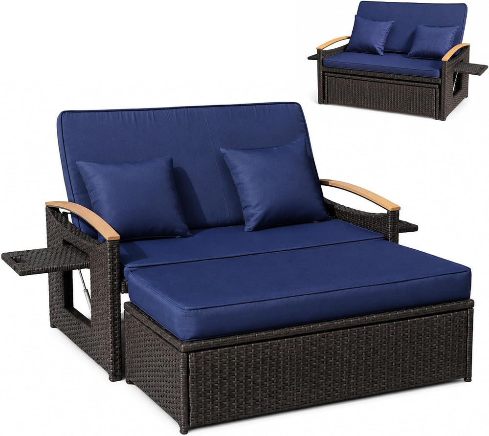 Outdoor Patio Rattan Daybed, Navy Blue/Rustic Brown