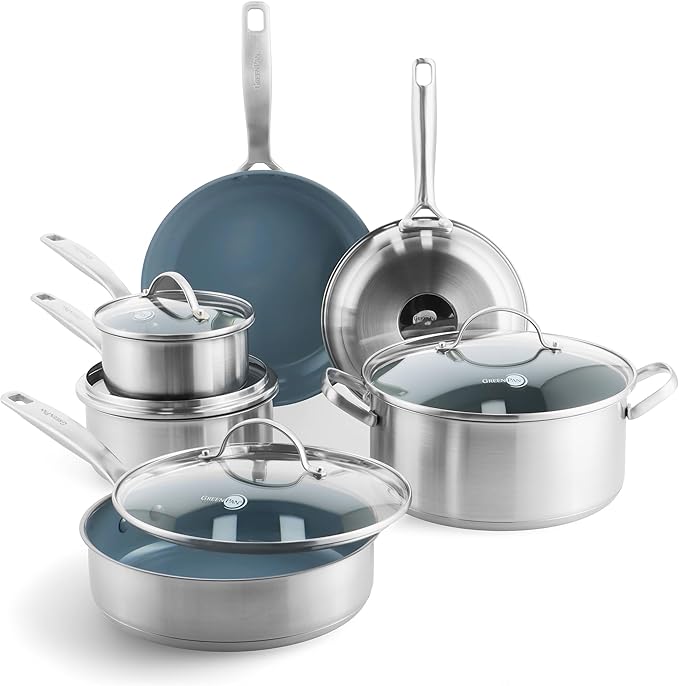 GreenPan Treviso 10 Piece Cookware Set, Non-Toxic PFAS-Free Stainless Steel by GreenPan