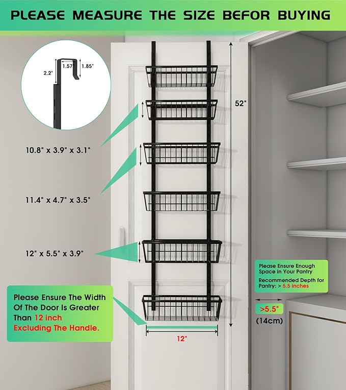 Mefirt 12 Inch Wide Narrow Over The Door Pantry Organizer, Pantry Organization - Image 2
