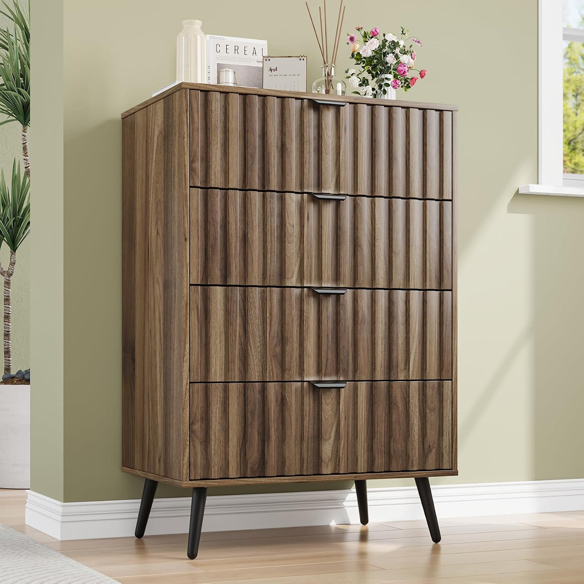 walnut fluted 4 drawers dresser for bedroom, chest, main product view