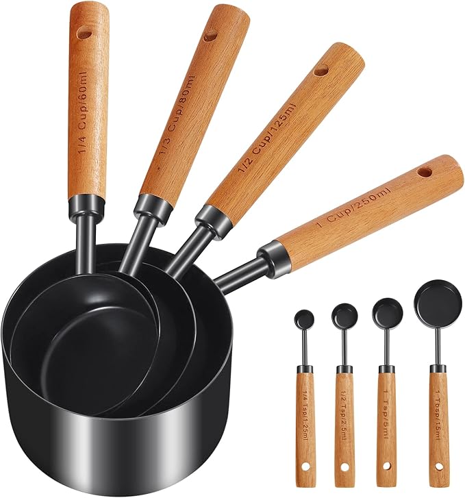 GuDoQi 8Pcs Measuring Cups and Spoons Set, Wooden Handle, Premium Stainless by GuDoQi
