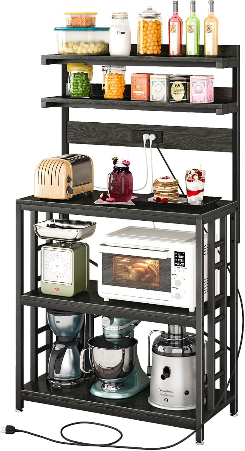 Baker's Rack with Power Outlet, 5-Tier Microwave Stand with Storage, Blac...