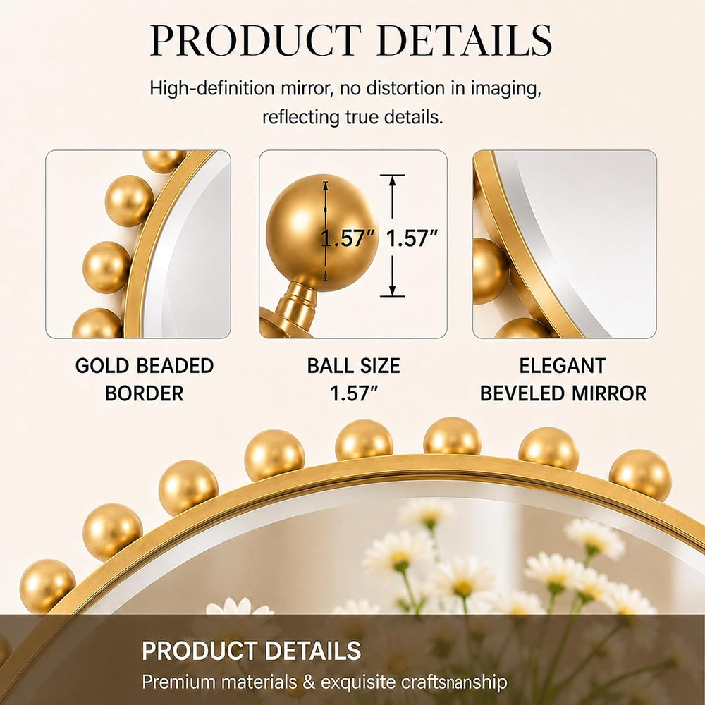 30 Inch Round Wall Mirror, Antique Gold Ball Frame, Beveled Glass