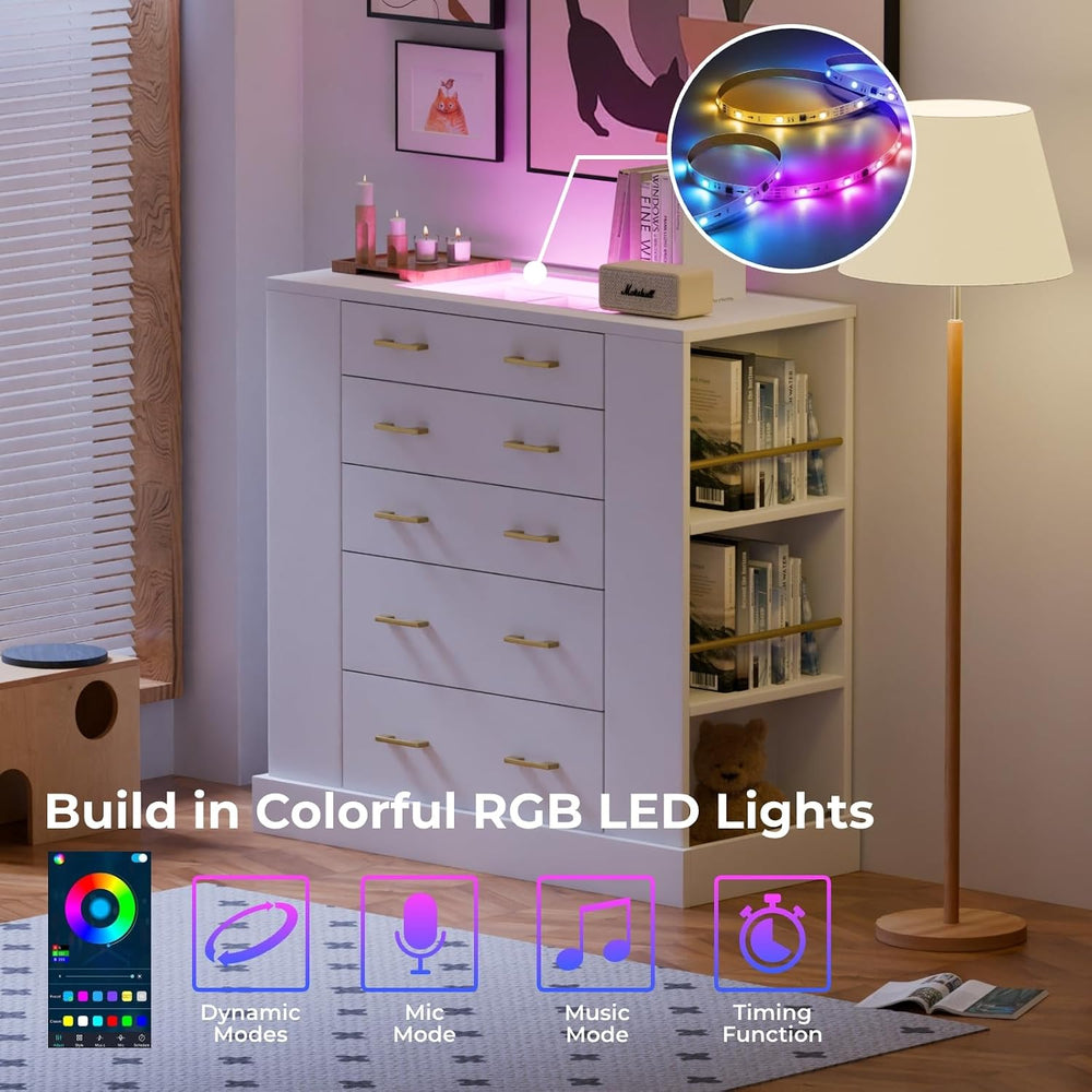 Closet Island with Glass Top, LED Lights and Open Shelves, White