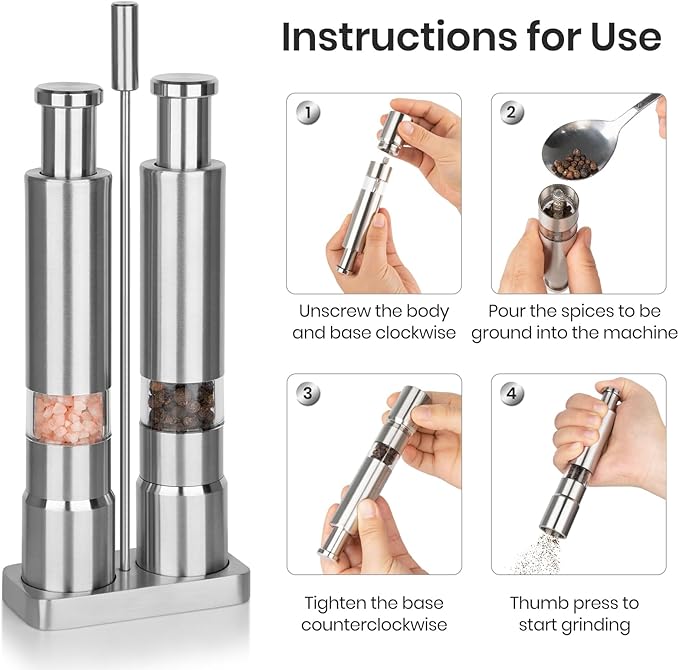 Salt and Pepper Grinder Set, Small Stainless Steel Manual Salt Grinder - Image 5