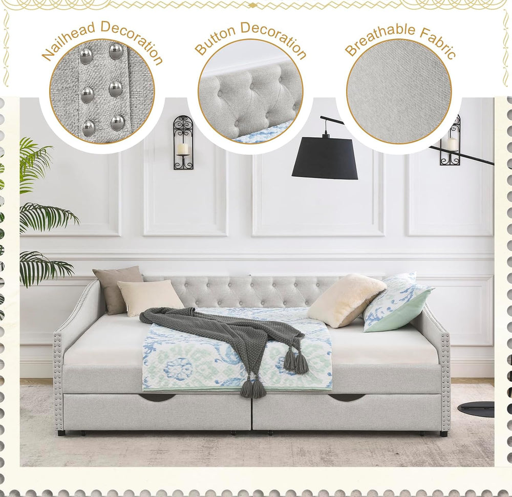Wood Queen Size Daybed, Day Bed Frame with 2 Storage Drawers, Upholstered Bed...