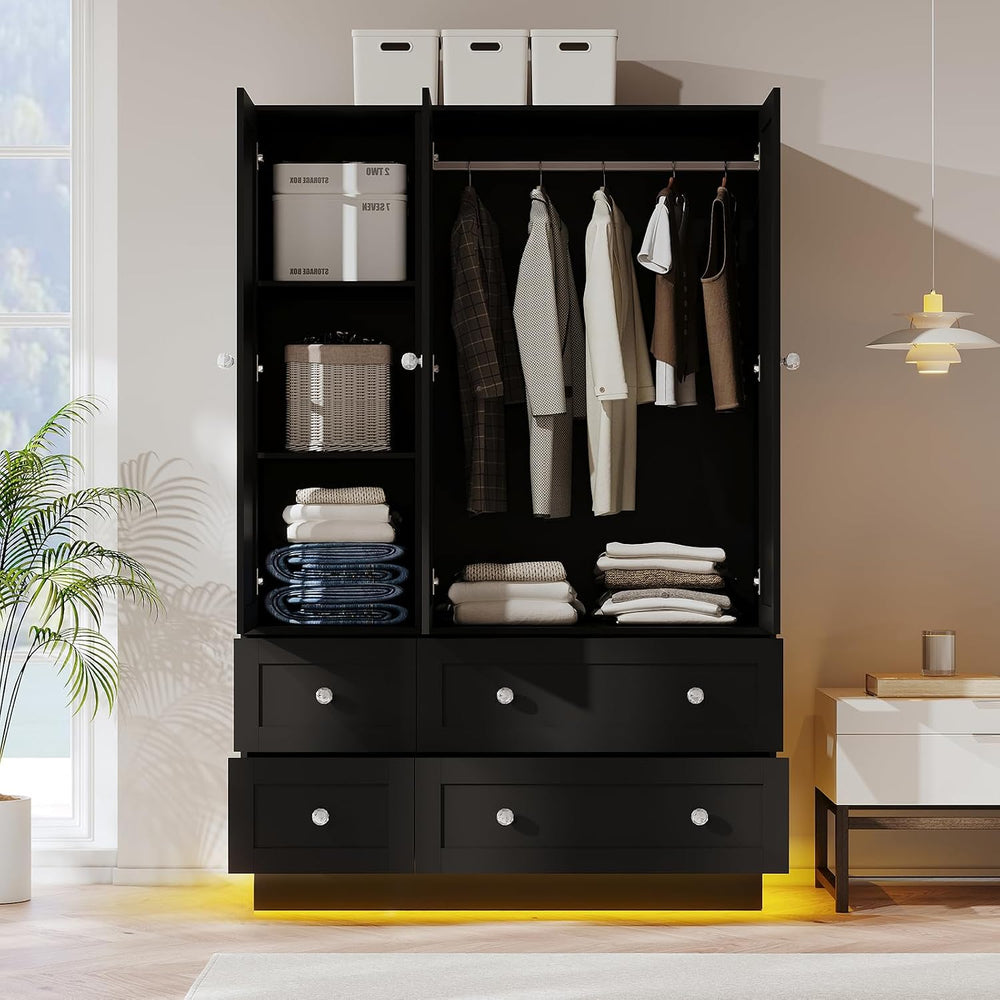 VOWNER Wardrobe Closet with 3 Doors Bedroom Armoire with Mirror & 4 Drawers
