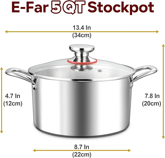 E-far 5 Quart Stock Pot with Lid, 18/10 Tri-ply Stainless Steel Stockpot - Image 2