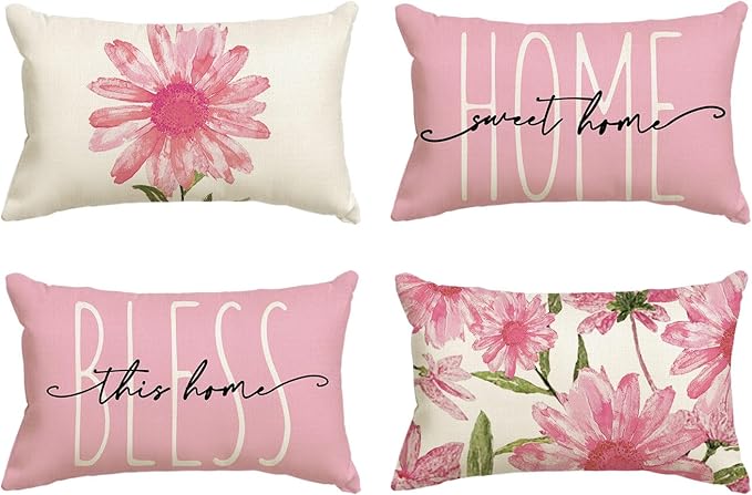 AVOIN colorlife Home Sweet Home Spring Summer Flowers Pink Throw Pillow Covers by AVOINcolorlife