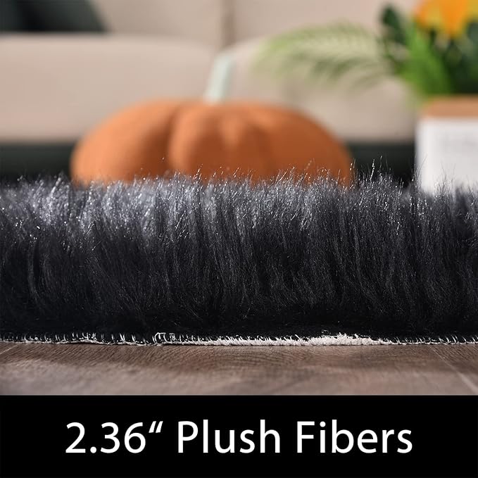 Latepis Black Runner 2x5 Washable Rug Faux Sheepskin Bedroom Rug Soft Fluffy - Image 2