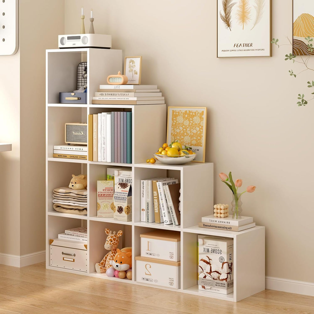 Ladder Cube Storage Bookcase - Wooden L-Shaped 4-Tier Corner Shelf, Reversibl...