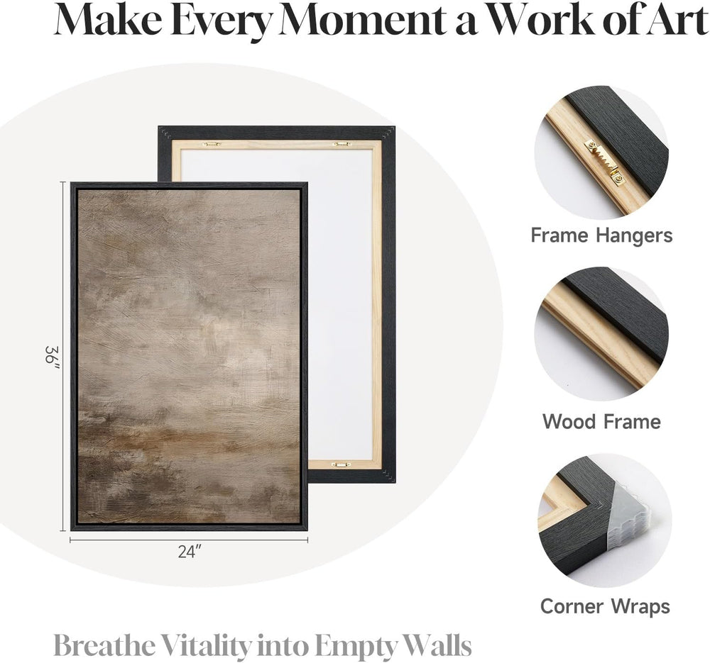 Large Framed Neutral Brown Abstract Wall Art for Living Room, 24x36 Inch