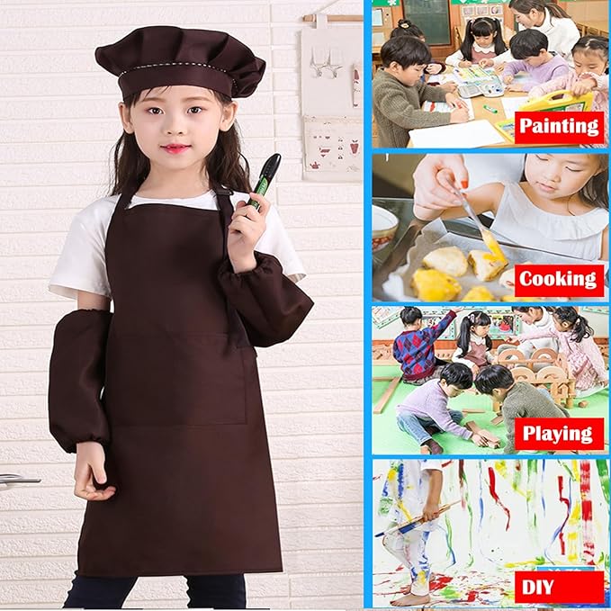 Kids Apron Set Chef Hat Sleeve Outfit Costume Toddler Girl Boy Aprons Cooking - Image 8