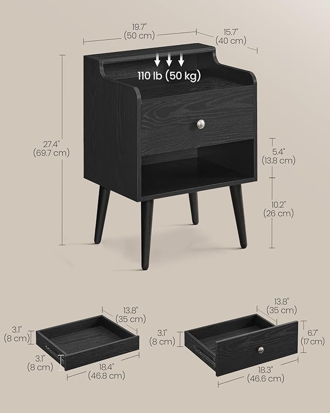 VASAGLE Nightstands, Set of 2, Bedside Tables with Hidden Drawers, Mid-Centur...