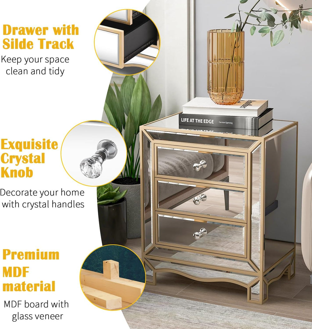 Elegant Mirrored Nightstand Gold Edge Silver End Table with 3 Drawers, Mirror...