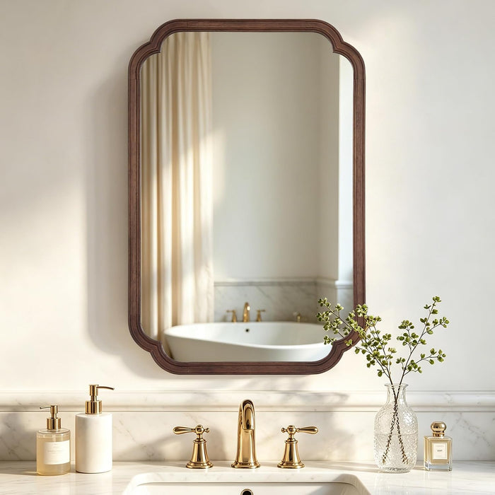 Wood Bathroom Mirror for Wall Decor Arched Rounded Corner Rustic Wood Frame Wall Mirror Home Decorative for Vanity, Living Room, Bedroom, Entryway (24 x 36 inch, Walnut)