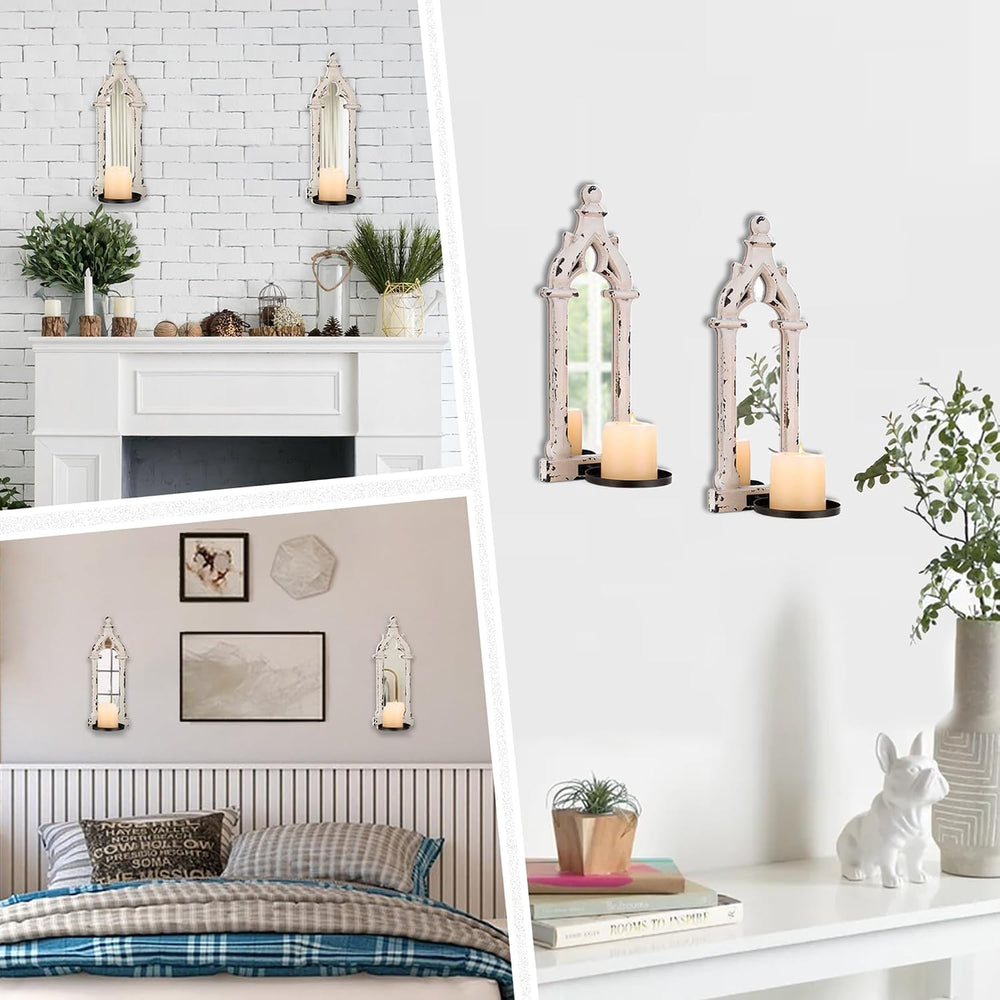 Wall Candle Sconces Set of 2 with Real Mirror, Distressed White