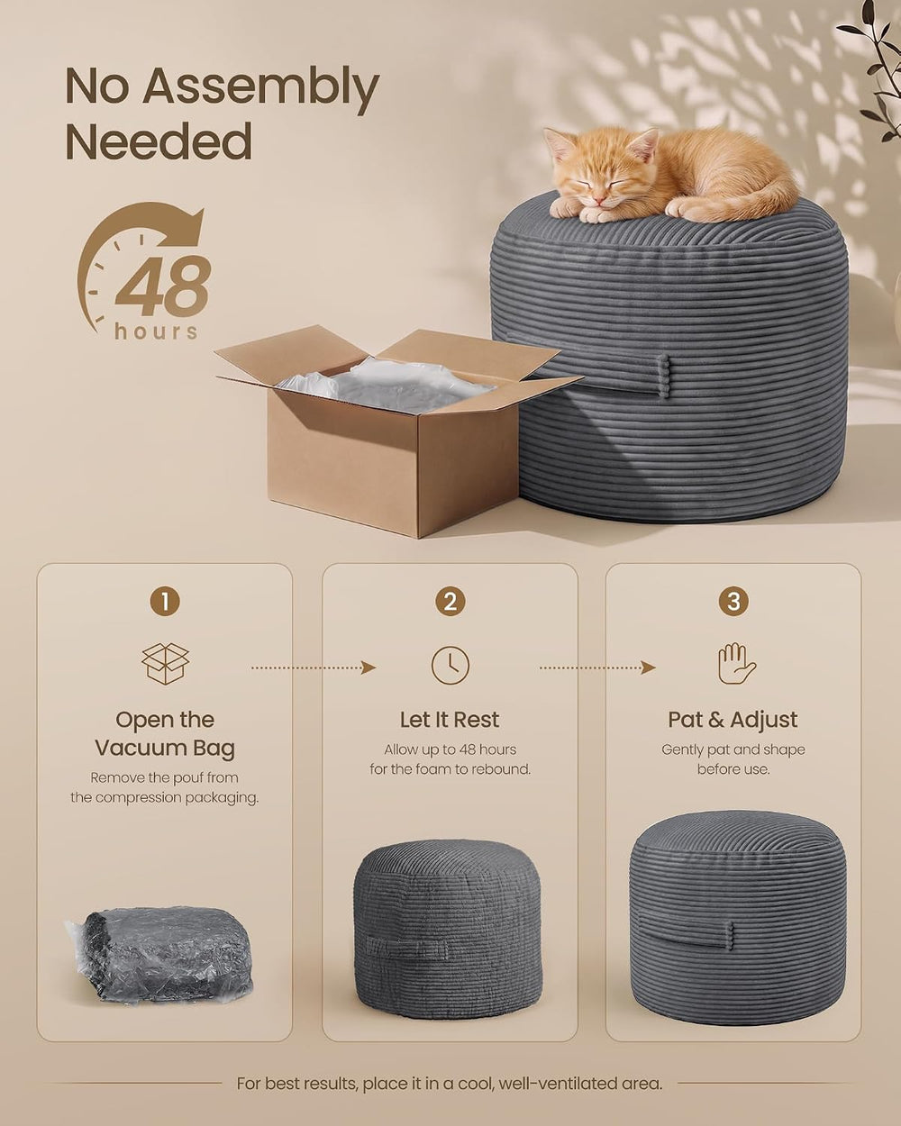 SONGMICS Stuffed Pouf Ottoman, 20" Round Foot Rest with Side Handle