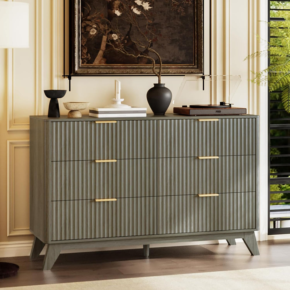 VINGLI Fluted Grey Dresser 6 Drawer Gray Dresser with Rounded Edges, Grey Dre...