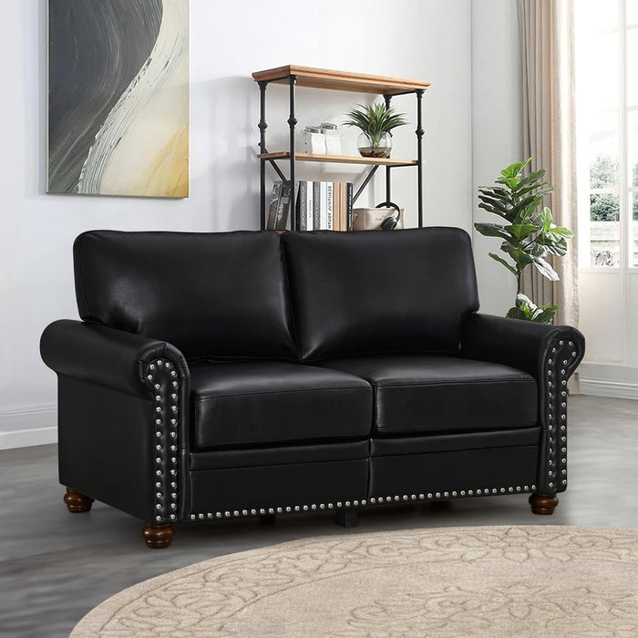 Faux Leather Loveseat Sofa, 59" W Mid Century Modern Couch with Storage, Comfy 2 Seater Sofa with Nailhead Trim & Rolled Armrests, Deep Seat Small Couch for Living Room, Apartment, Office (Black)