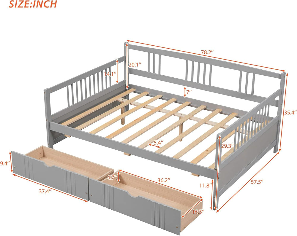 Full Size Wooden Daybed with Two Storage Drawers and 10 Wooden Slats Support,...