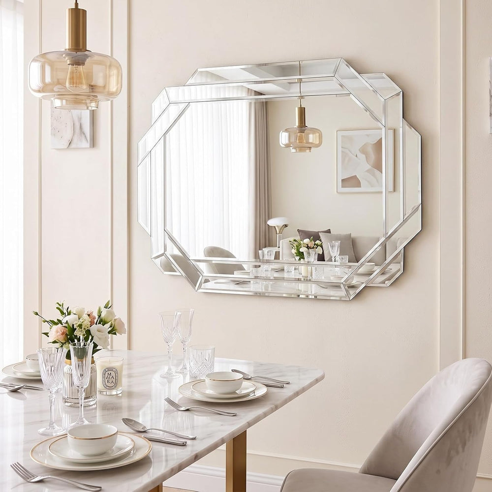 Vercraft Silver Bathroom Mirror Decorative Beveled Edge Frameless Mirror Wall...