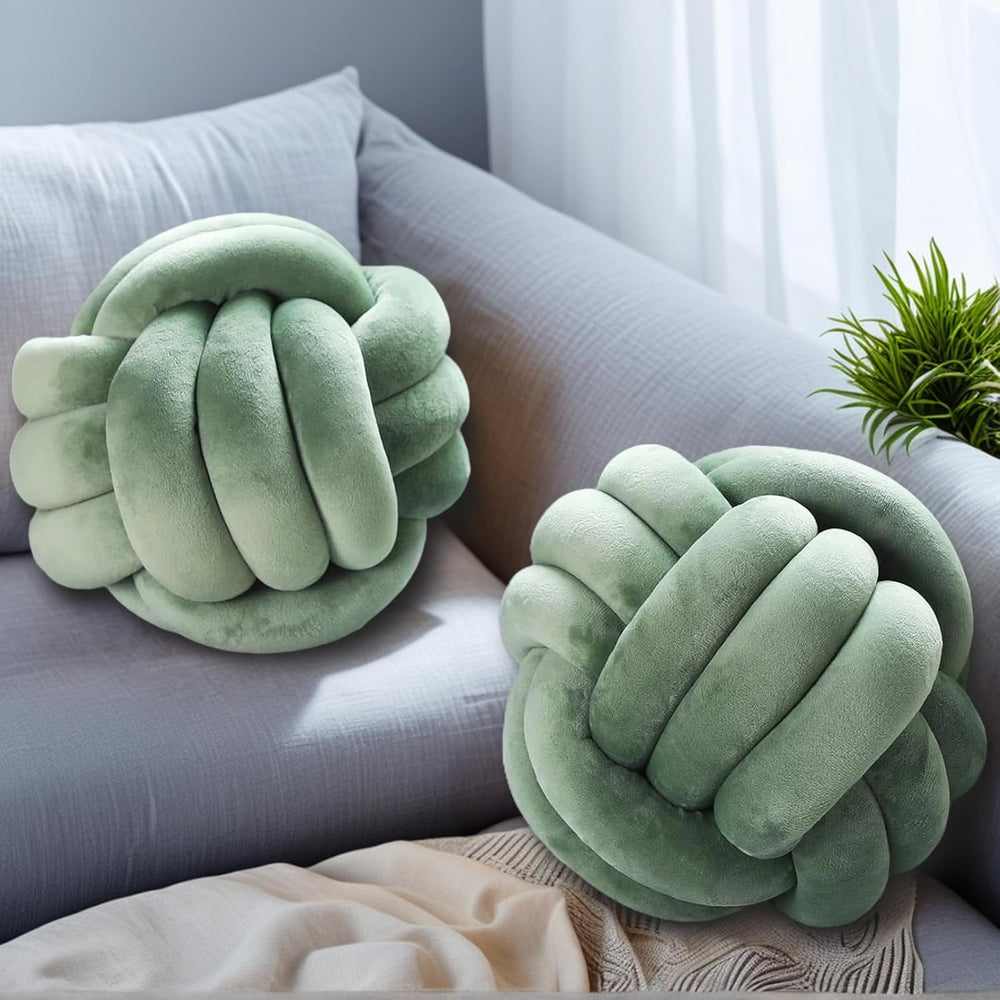 2 Pcs Knot Ball Pillow Sage Throw Pillows Plush Round Cushion 8.7"