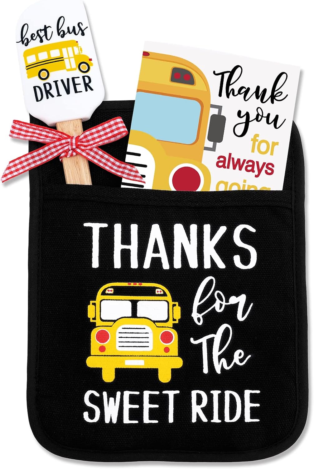 Vansolinne Bus Driver Gifts School Bus Pot Holder Baking Kit with Silicone Spatula Greeting Card for Bus Driver Teacher Appreciation Present Thanks for The Sweet Ride