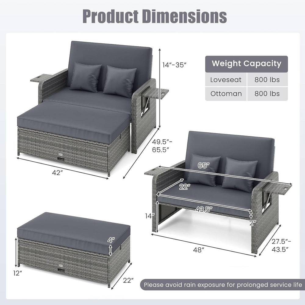 Tangkula Patio Rattan Daybed with 4-Level Adjustable Backrest, Grey Cushion