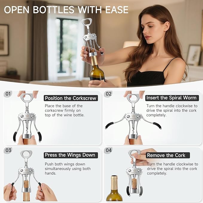 Wine Opener, Heavy-Duty Zinc Alloy Wing Corkscrew Manual Wine Bottle Opener - Image 5