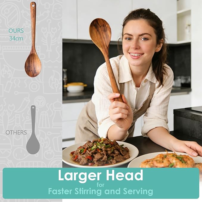 HOWHONG Wooden Cooking Spoon, Long Handle Acacia Wood Spoon - Image 6