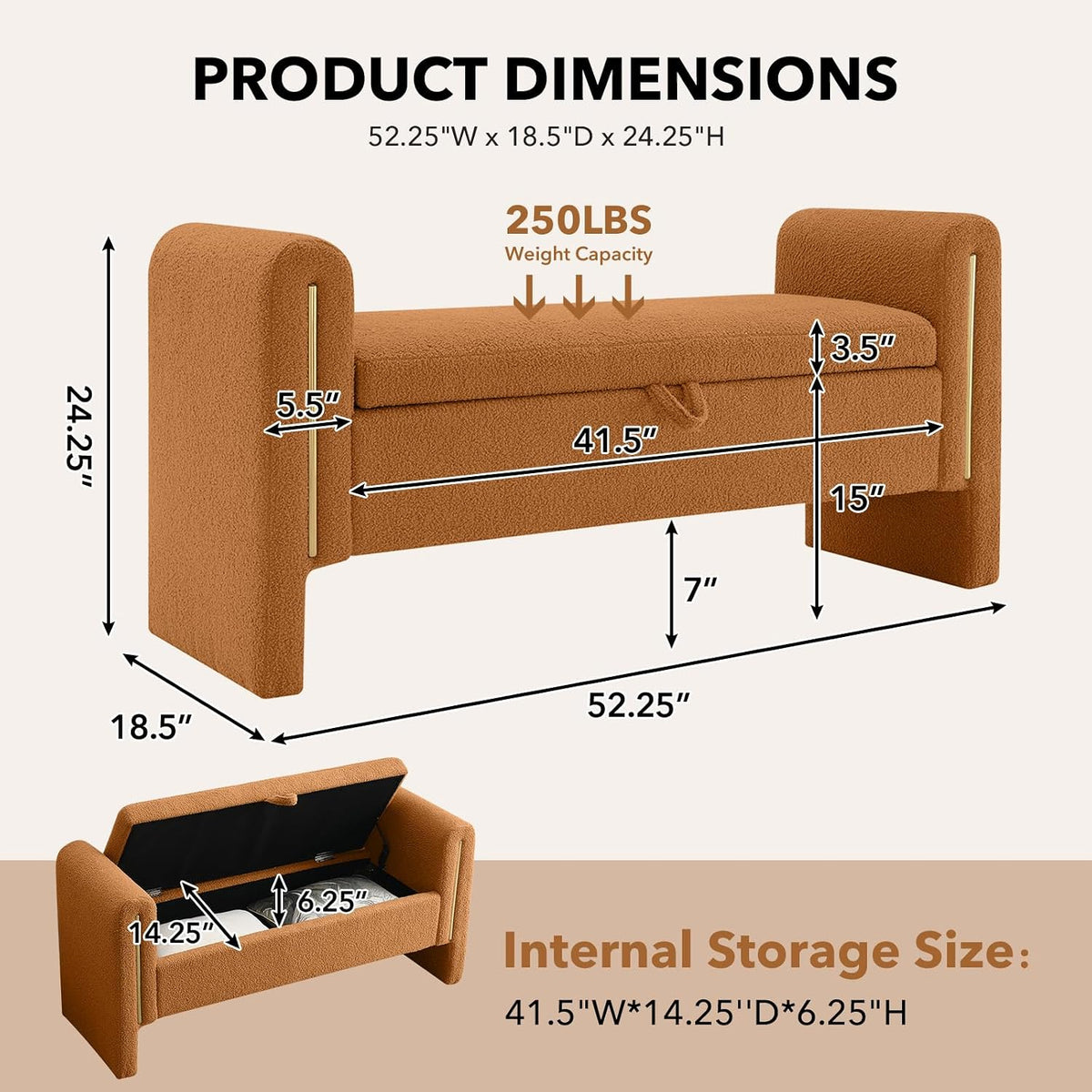 NIOIIKIT 52" Storage Ottoman Bench, Teddy Upholstered Storage Bench with Armrest, Entryway Bench with Pull-Ring, End of Bed Bench, Window Bench for Living Room (Coffee)