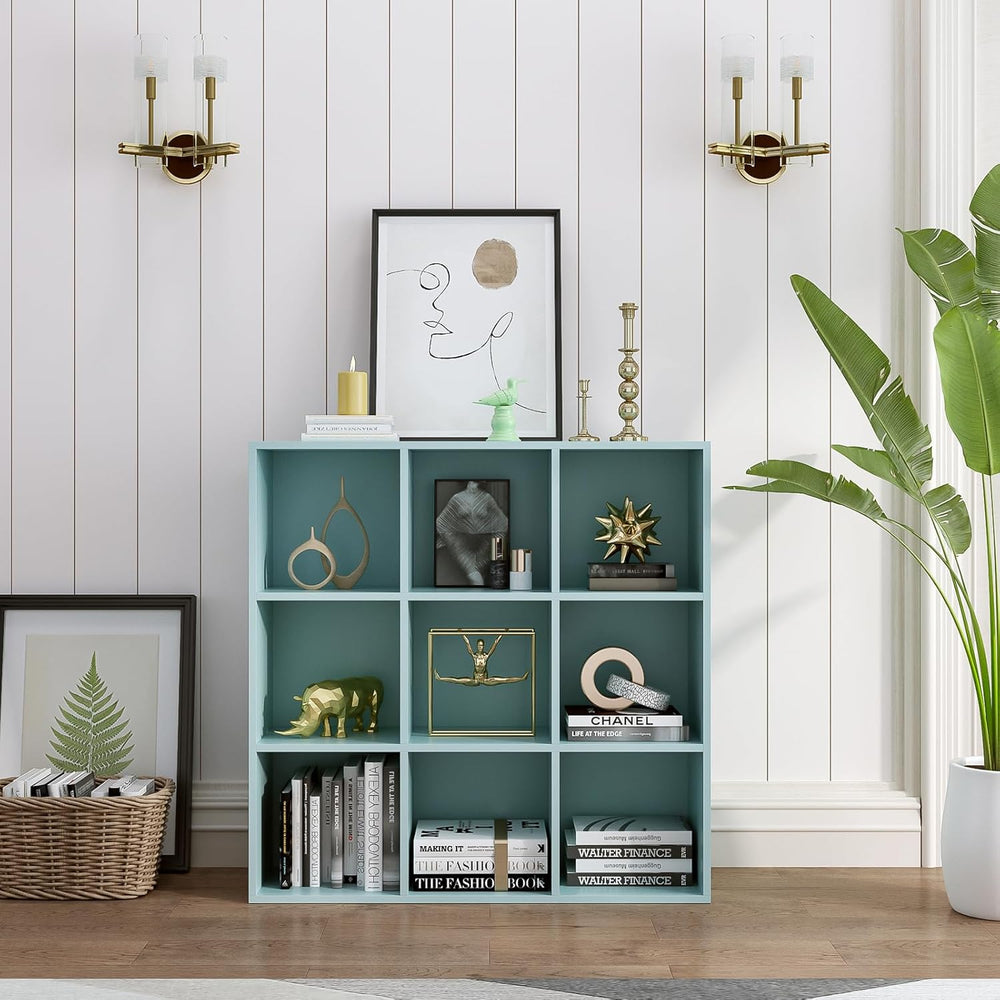 9-Cube Storage Shelf Bookcase - Wooden 3-Tier Floor Standing Open Bookshelf f...