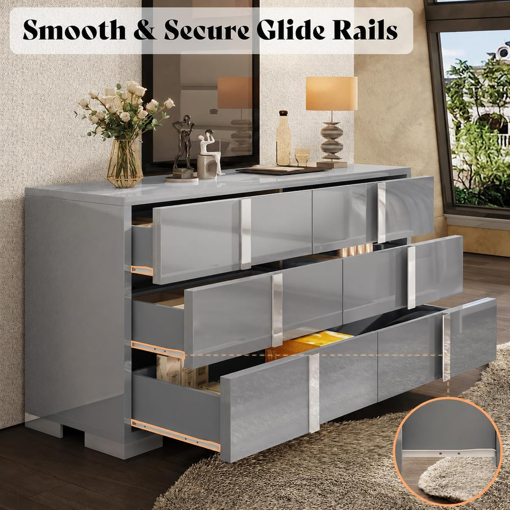 AMERLIFE 6 Drawer Dresser, Modern Storage Chest, High Gloss Finish, Grey