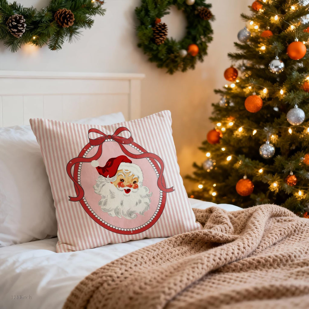 Coquette Red Bow Christmas Santa Pillow Covers 18x18, Preppy Christmas Decor, Girly Xmas Santa Claus Pink Striped Decorative Throw Pillow Covers for Girls Dorm Room Apartment