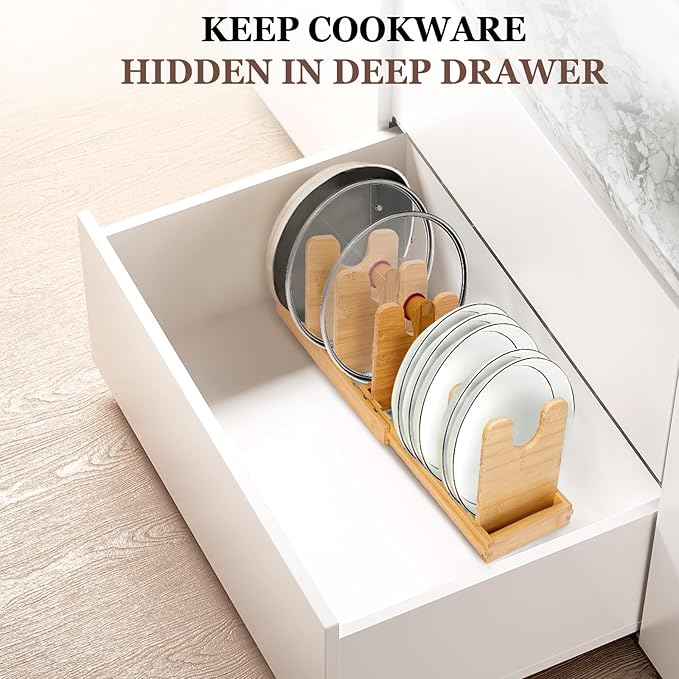 Bamboo Pot Lid Organizer, Pots and Pans Organizer Inside Cabinet, Pot Lids