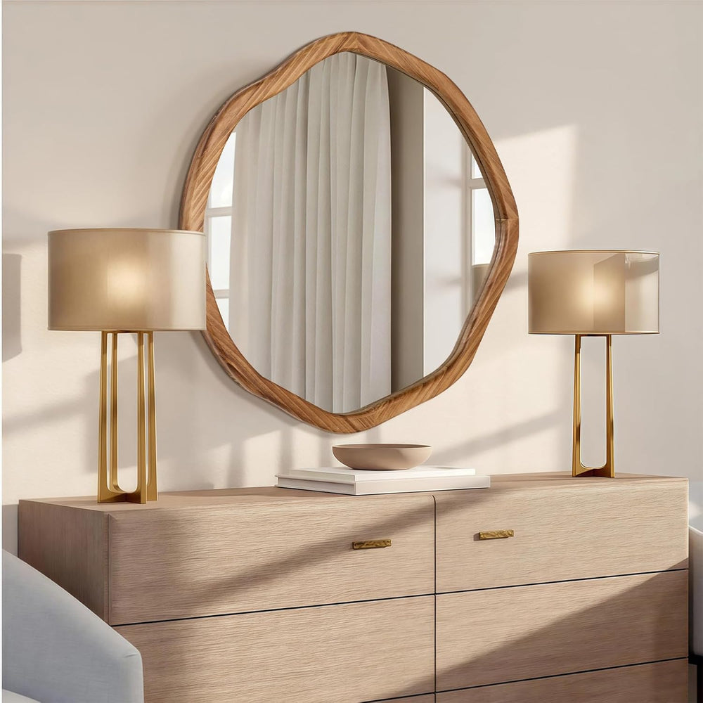 ULIKE Irregular Round Wood Mirror 30 Inch, Rustic Brown Wall Mirror