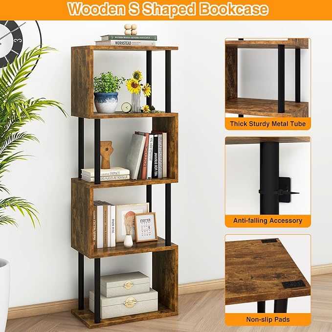 IBUYKE 5-Tier Tall Bookshelf,S-Shaped Geometric Bookcase, Wood Display Shelve...