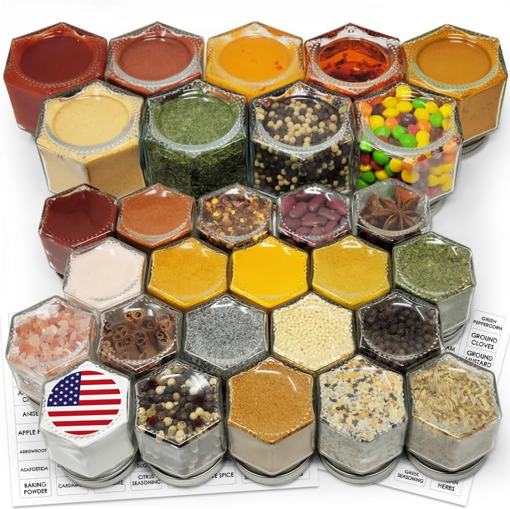 Magnetic Spice Jars Combo Pack 29 Pack Refrigerator Hexagon Glass Spice Jar