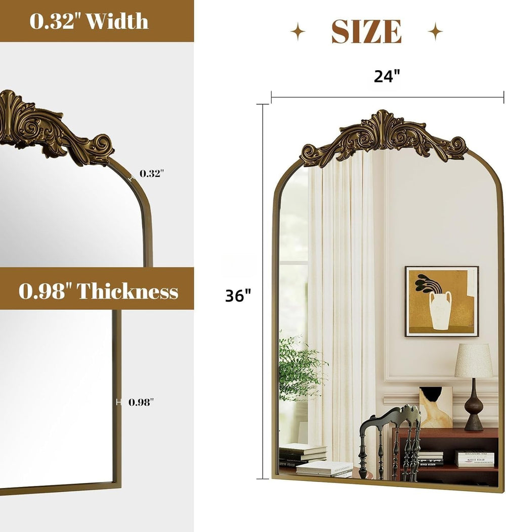 Vintage Arched Wall Mirror, 36"x24" Antique Bronze Bathroom Mirror