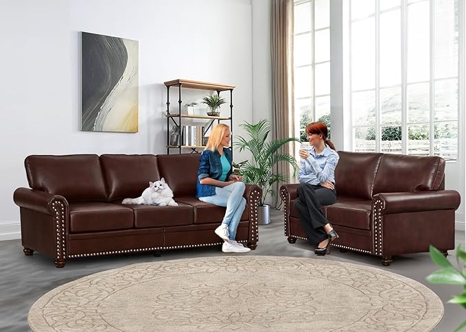 2 Piece Faux Leather Sofa Set,Modern Couch and Loveseat Sets with Storage,Mid...
